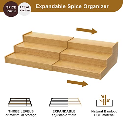 Lenwi Spice Rack Organizer for Cabinet, 3 Tier Expandable Bamboo Spice Storage for Kitchen Cupboard Pantry