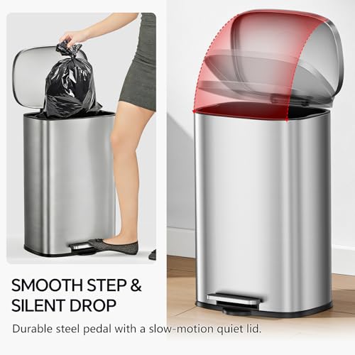 ZABINS 13 Gallon Trash Can (50L) and 1.6 Gallon (6L) Kitchen Trash Can Combo Set, Stainless Steel Garbage Can with Lid and Step-on Pedal, Soft Close Waste Bin with Inner Bucket for Home & Office
