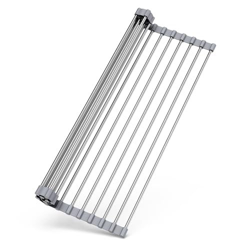 Sooseuo Over Sink Dish Drying Rack, 17" L x 11.8" W, Roll Up Dish Drying Rack for Kitchen, Gray