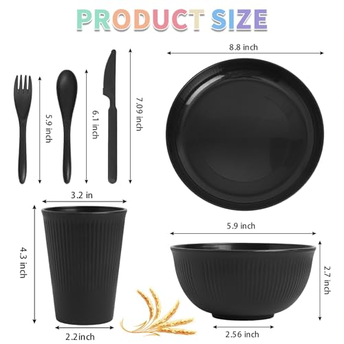 36 Pcs Wheat Straw Dinnerware Set,Dinnerware Sets for 6,Large Round Plates, Bowls and Cups, Unbreakable dish set, Dishwasher and Microwave Safe, Outdoor Camping Dishes (Black)