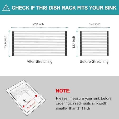 Extra Large Expandable Roll Up Dish Drying Rack,Over The Sink Drying Rack Sink Cover Kitchen Sink Accessories Kitchen Rolling up Stainless Steel Drainer, Foldable,Rollable（Black，22.8''-12.4''）