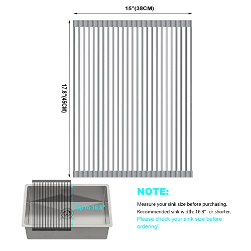 SunCleanse Roll-Up Dish Rack 17.8" x 15" Grey Over Sink Drainer Foldable