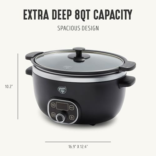 GreenLife 8QT Slow Cooker, Non-Toxic PFAS-Free Ceramic Nonstick Removable Interior Bowl, Programmable, Family Friendly, Keep Warm, Stovetop & Oven Safe, Dishwasher Safe Crock, Timer, Glass Lid, Black