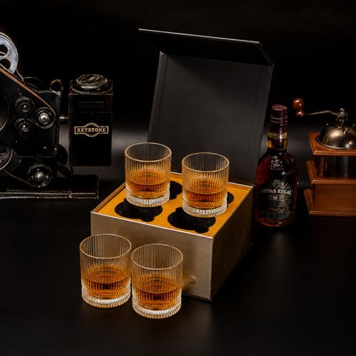 VUNDO Vintage Whiskey Glasses Set of 4, 12 oz Crystal, Luxury Gift Box
