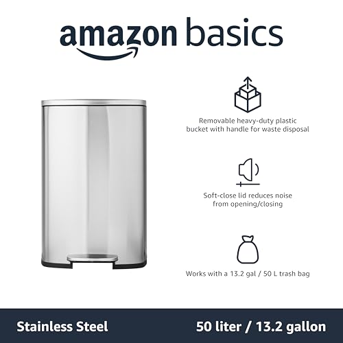 Amazon Basics LARGE Trash Can, 13.2 Gallon (50L), Smudge Resistant Rectangular Bin with Soft-Close Lid, Step Foot Pedal, Removable Inner Bucket, Brushed Stainless Steel, Satin Nickel Finish