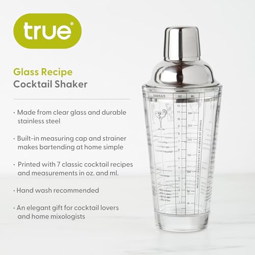 True Glass Cocktail Shaker with 7 Classic Recipes and Measurements for Cold Brew Cocktails, Home Bar Accessories, Bar Tools, Bartender Gifts, Hosting Essentials, 13.5 oz, Set of 1, Clear