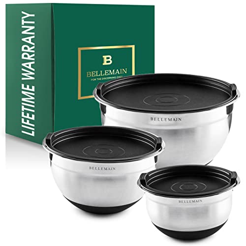 Bellemain Mixing Bowls with Lids Set - Stainless Steel Mixing Bowls with Airtight Lids - Food Storage Containers - 3PCS Set with Non-Slip Bottoms Kitchen Essentials for Baking - Serving