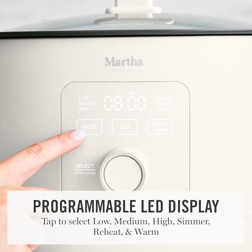 Martha Stewart 8 QT Slow Cooker, Programmable with Timer, 3 Heat Settings (Low, High, Warm), Nonstick Ceramic Removable Crock, Stovetop & Oven Safe, Glass Lid, Simmer, Reheat, Warm, Linen