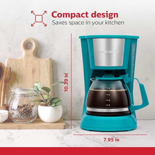 Holstein Housewares 5 Cup Drip Coffee Maker – Compact and User-Friendly with Auto Pause & Serve, Reusable Filter, Measuring Spoon & Glass Carafe, Office & Dorm Use, Teal