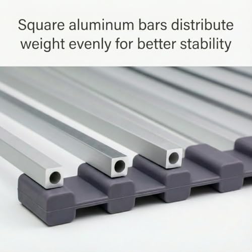 EZYROM Medium Aluminum Roll Up Dish Drying Rack (17" x 13") - Fits Sinks up to 16 Inches, Heavy Duty Square Bar, Rust-Proof & Heat Resistant with Removable Dish Holder (Purple Gray Medium)
