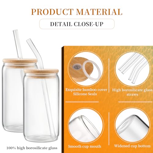 DWTS DANWEITESI Glass Cups with Lids and Straws 4 pcs,16oz Drinking Glasses Set for Coffee Bar Accessories,Iced Coffee Cups with Lids,Matcha Cup Glass Tumbler Reusable for Gifts