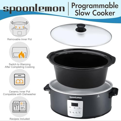 SpoonLemon 7QT Slow Cooker, Electric Programmable Cooker with 20H Timer & 3 Heat Settings, Oval Ceramic Pot — Ideal for Family Meals & Meal Prep, Compatible with 20 Count 13"x21" Cooking Liners