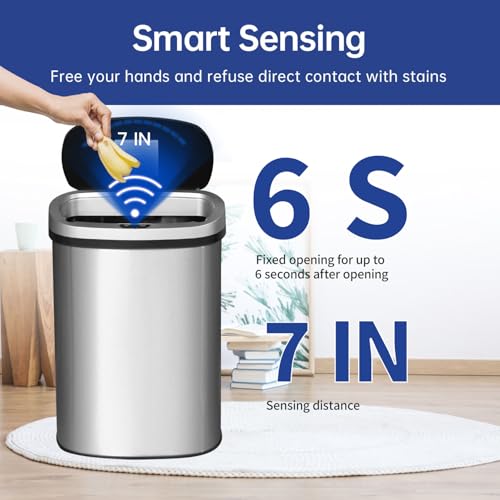 BestOffice | 13 Gallon Trash Can with Lid | Automatic Touchless Garbage Can | Odor Control | Modern Oval Design | Easy to Clean | Stainless Steel | Fits Any Kitchen, Bathroom, Office or Home