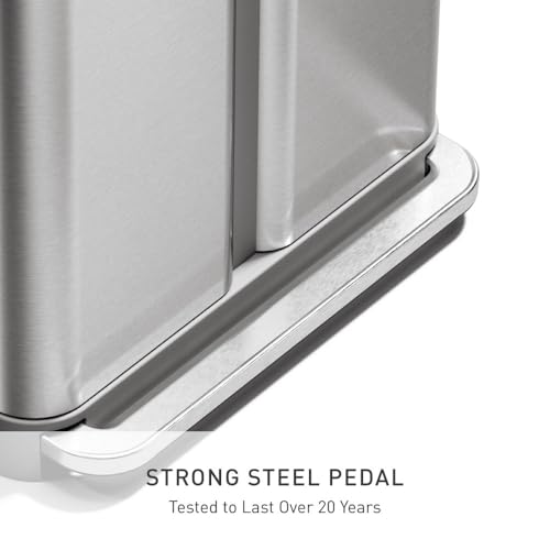 simplehuman Step Recycler, 58L / 15.3 Gallon Dual Compartment Kitchen Trash Can, 150,000-Step Pedal, Lid Shox® Technology, Liner Rim System, Liner Pocket®, Brushed Stainless Steel with Plastic Lid
