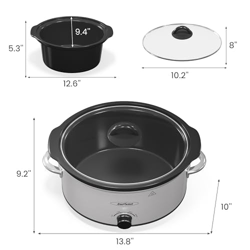 Sunvivi 4QT Slow Cooker & Mini Food Warmer with 3 Heating Settings, Removable Ceramic Pot, Dishwasher Safe Glass Lid, Stainless Steel