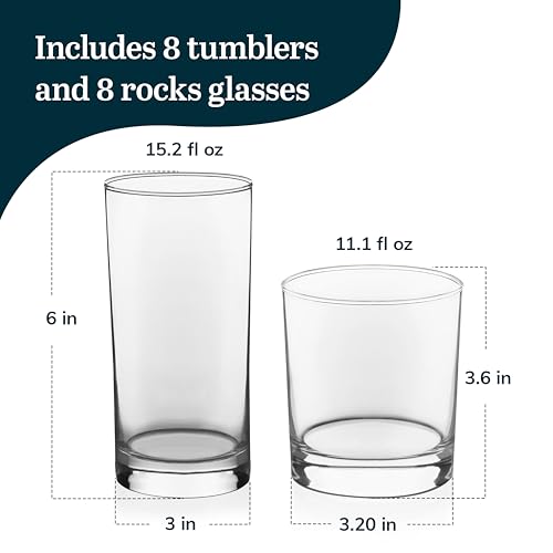 Libbey Province Tumbler and Rocks Glass Set, Elegant Drinkware Glasses Set of 16, Tall Drinking Glasses for Everyday Use or Any Special Occasion