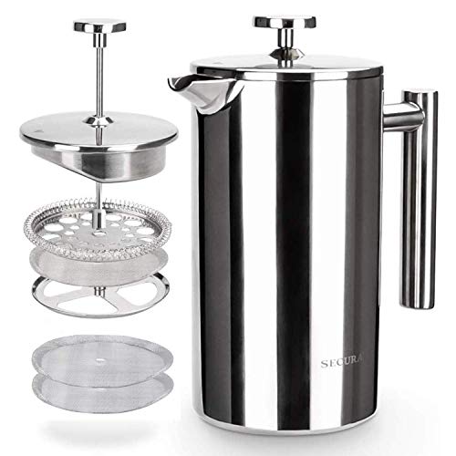 Secura French Press Coffee Maker, 304 Grade Stainless Steel Insulated Coffee Press with 2 Extra Screens, 34oz (1