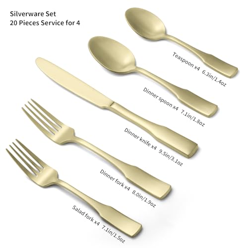 Alata Kate Champagne Gold Satin 20-Piece Silverware Set, Service for 4, Stainless Steel Flatware Set, Matte Polished Cutlery Set, Dishwasher Safe