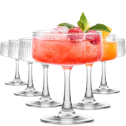 Echubao Coupe Glasses Set of 6, Ribbed Large Martini Glass, 10oz Vintage Cocktail Glasses for Espresso Martini, Manhattan, Margarita, Pisco Sour, Home Bar