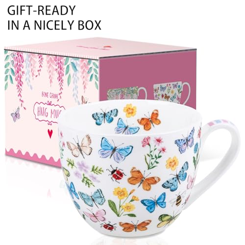 Colorful Butterfly Mug - 20oz Bone China Coffee Tea Hug Mug with Multicolor Butterflies, Ladybugs, Bees & Blooms, Perfect Gifts for Mom Women Mothers Day, Designed in England by Harvest Green Studio
