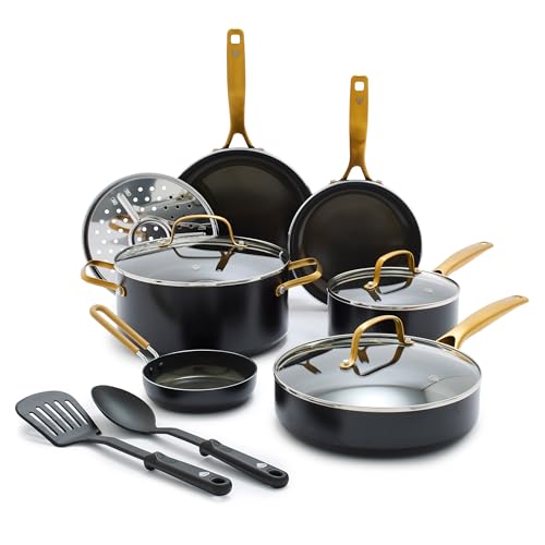 Blue Diamond Gold 12 Piece Cookware Set, PFAS-Free Ceramic Nonstick Pots & Pans, Induction Ready for All