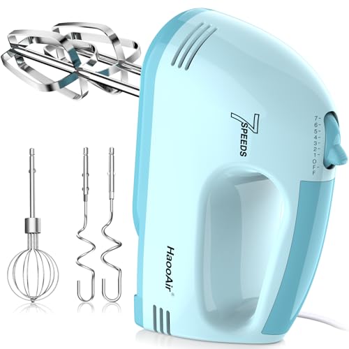 HaooAir Electric Handheld Mixer, 7-Speed Adjustable Kitchen Mixer, 5 Stainless Steel Accessories (2 * Dough Hooks, 2 * Beaters, 1 * Whisk), Perfect for Kitchen and Baking Food Mixers, Blue