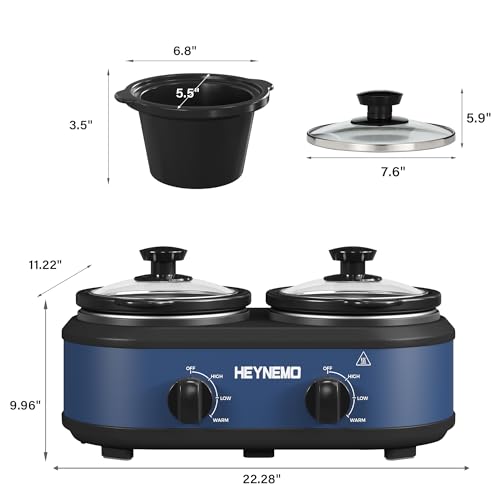 Double Slow Cooker, Buffet Servers and Warmers, Dual 2 Pot Slow Cooker Food Warmer, Adjustable Temp Dishwasher Safe Removable Ceramic Pot Glass Lid, 2 x 1.25 QT Portable Small Crock Cooker,Blue