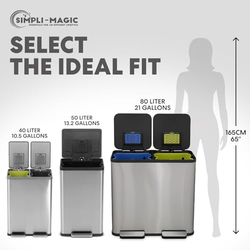 SIMPLI-Magic 21 Gallon (80L) Dual Compartment Kitchen Trash Can - Hands-Free Step Pedal, Soft-Close Lid, Stainless Steel Recycling Bin with Odor Filter (40L + 40L)