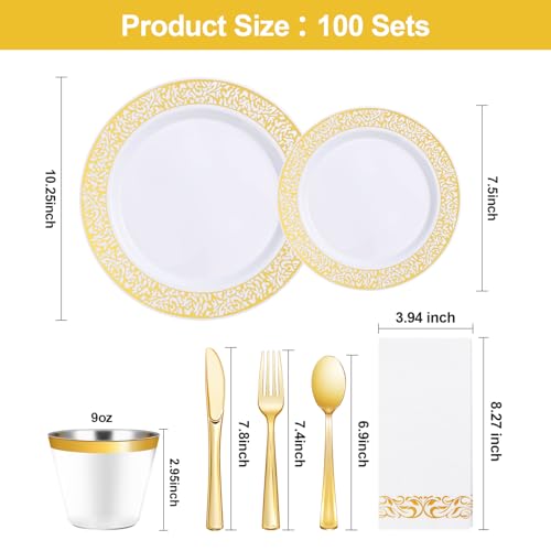 Bestluck 700PCS Gold Plastic Dinnerware Set for 100 Guests, Disposable Plates for Party, Include 100 Gold Dinner Plates, 100 Dessert Plates, 100 Set Silverware, 100 Cups, 100 Napkins