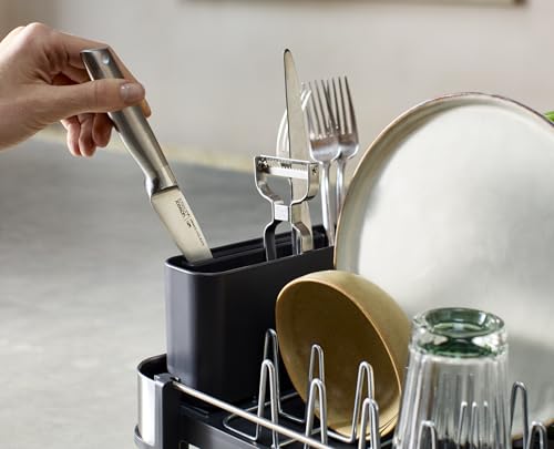 Joseph Joseph Extend Slim Steel Expandable Dish Drying Rack with Removable Cutlery Holder and Swivel Draining Spout, Compact Design, Grey
