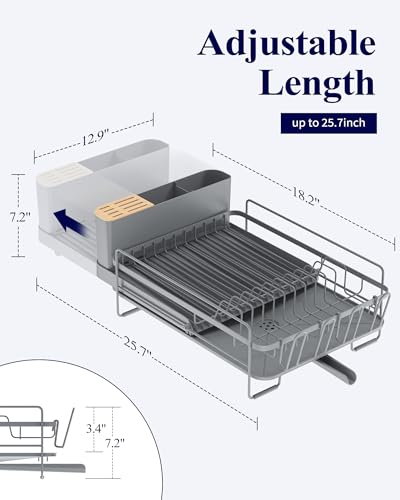 Kitsure Extendable Dish Drying Rack, Large Drying Dish Rack with Cutlery & Cup Holders, Multifunctional Dish Racks for Counter with Drainage, 18.2"-25.7" L x 12.9" W, Grey