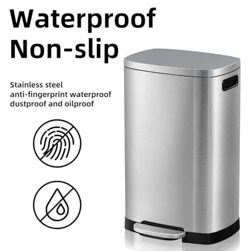 KdbK 13 Gallon Trash Can with Lid, 50L Fingerprint Proof Stainless Steel Kitchen Trash Can with Removable Inner Bucket and Lid Soft Close, Pedal Rubbish Bin for Home Office