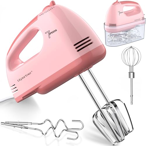 LILPARTNER Electric Hand Mixer with Storage Box, Ultra Power Kitchen Hand Mixer With 7-Speed & 5 Stainless Steel Accessories for Whipping Dough, Cream, Cake, Dishwasher Safe, PINK BOX