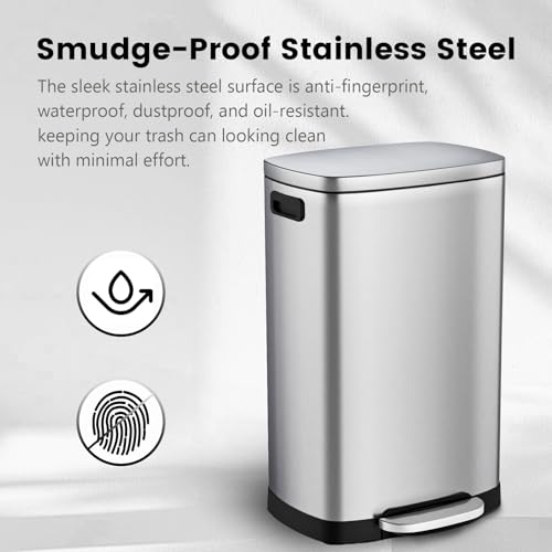 ELPHECO Kitchen Trash Can with Lid Soft Close,13 Gallon / 50L Stainless Steel Pedal Garbage Can, Heavy-Duty Fingerprint Proof Step Wastebasket with 20 Bags, Removable Bucket, Home Office, Silver