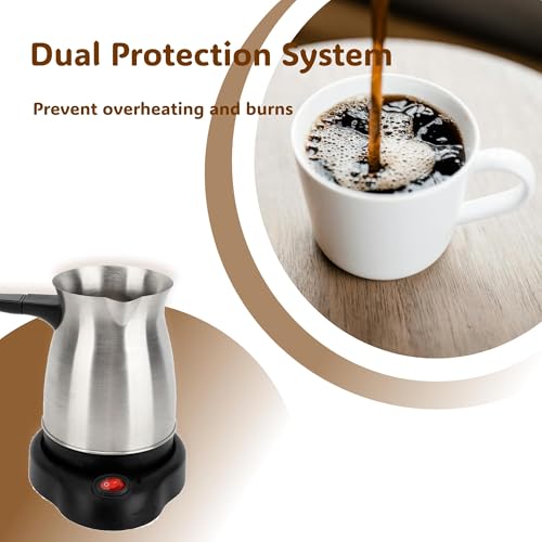 Electric Turkish Coffee Pot, 600ml Stainless Steel 110V Heating Kettle with Foldable Anti-Scald Handle for Home and Travel, Fast Brew Maker Arabic Greek Tea Milk (Smooth Pot Surface)