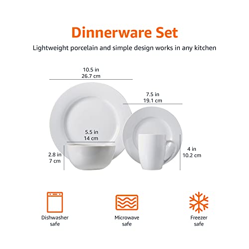 Amazon Basics 16-Piece Porcelain Dinnerware Set, Microwave and Dishwasher Safe, Service for 4, Plates, Bowls and Mugs, White