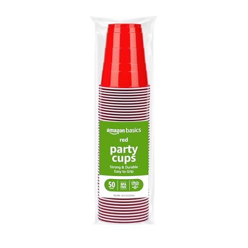 Amazon Basics Sturdy Disposable Plastic Party Cups for Cold Drinks, Red, 18oz, 50 Count, BPA-Free