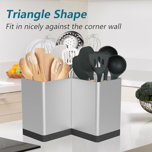 Suli Utensil holder,Kitchen Utensil Organizer for Corner Countertop,Extra Large Silverware Organizer with 3 Compartments,Farmhouse Decor,Iron,Silvery
