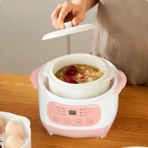 Electric Stew Pot, 1L 200W Appointment Timing Smart Slow Cooker with Steamer & Boil Dry, Automatic Mini Ceramic Pot with Lid, Digital Porridge Soup Pot for Home