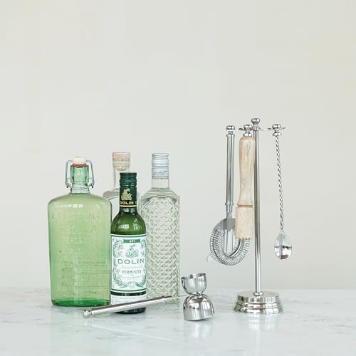 Creative Co-Op 5-Piece Stainless Steel and Mango Wood Bar Tools with Stand, Nickel Finish and Natural