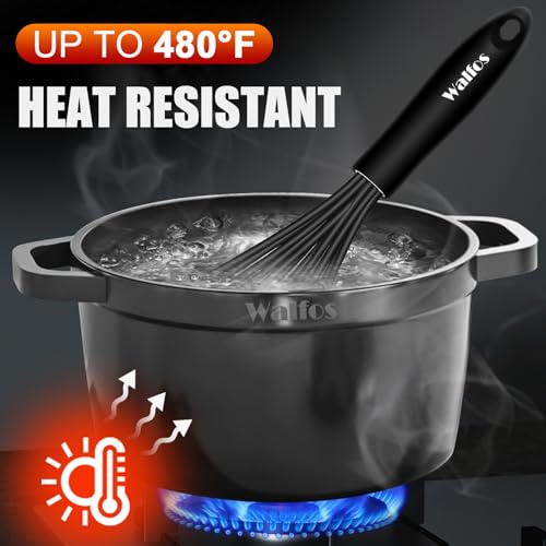 Walfos Silicone Whisk,Stainless Steel Wire Whisk Set of 3 -Heat Resistant 480°F Kitchen Whisks for Non-stick Cookware,Balloon Egg Beater Perfect for Blending,Whisking,Beating,Frothing & Stirring,Black