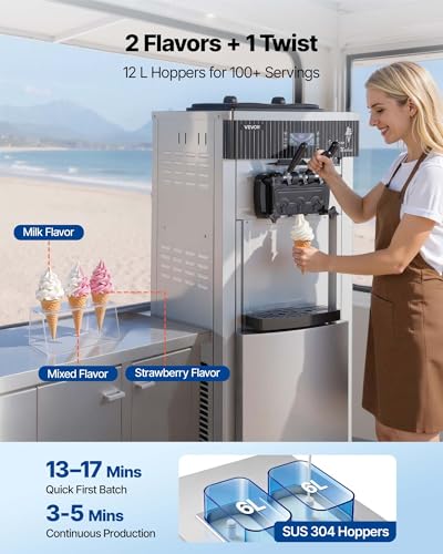 VEVOR Commercial Ice Cream Machine, 20-28L/H Yield, 2200W 3-Flavor Freestanding Soft Serve Ice Cream Maker with 2 x 6L Hoppers & Hopper Agitation, Pre-Cooling Self-Cleaning for Snack Dessert Shops