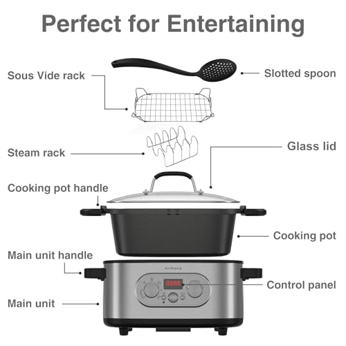 Anfilank 10-in-1 Programmable Slow Cooker with Timer, 6.8 Quart Crock Pot, Presets to Sous Vide, Bake, Sauté, Cook Rice& More, Nonstick Dishwasher-Safe Pot, Adjustable Temp&Time, Stainless Steel