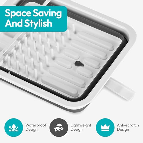 Masirs Pop-Up Collapsible Dish Drying Rack - Convenient Storage - Drains into Sink - Eight Large Plate Capacity - Sectional Cutlery and Utensil Compartment - Compact and Portable Design (12 x 20 Inch)