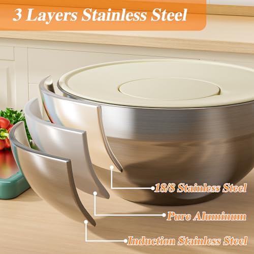 Winproper Mixing Bowls with Lids Set, 6 PCS Stainless Steel Mixing Bowls with 3 Grater Attachments, Kitchen Food Storage Organizers Nesting Mixing Bowl, Large Size 4.5, 3.5, 2.1, 1.5, 1.1, 0.7QT
