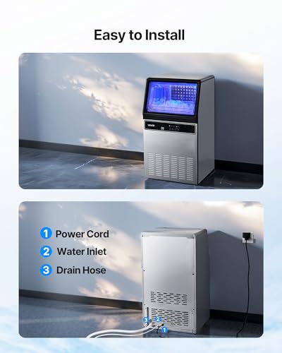 VEVOR Commercial Ice Maker Machine, 130Lbs/24H with 33Lbs Storage, 45 Cubes per Cycle, Stainless Steel Freestanding & Under Counter Ice Maker with LED Display & Self-Cleaning, for Home Bar Restaurant