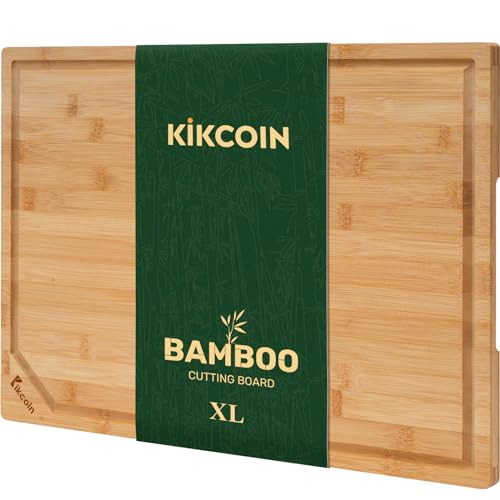 Kikcoin 17”×11” Bamboo Cutting Boards for Kitchen, Healthy Wooden Cutting Boards for Kitchen, Charcuterie, Extra Large Chopping Boards with Deep Juice Groove, Fathers Day Gift for Men, Natural