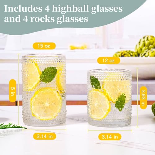 JPPSUJJ Vintage Hobnail Drinking Glasses Set of 8, 15 oz Highball Glasses & 12 oz Cocktail Glasses, Drinkware Kitchen Glasses for Cocktail, Iced Coffee, Beer, Ice Tea, Wine, Whiskey, Water