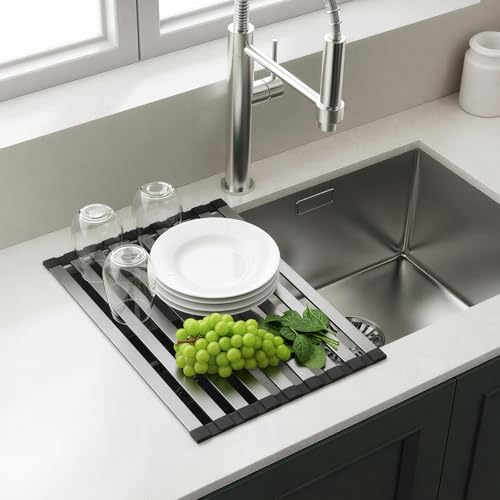 Meowoo Rectangle Dish Drying Rack, 15.7" x 13" Roll Up Over The Sink Dish Drainer Rack, Non-Slip Silicone Base, Stainless Steel Drying Rack for RV & Small Kitchen Sink, Black