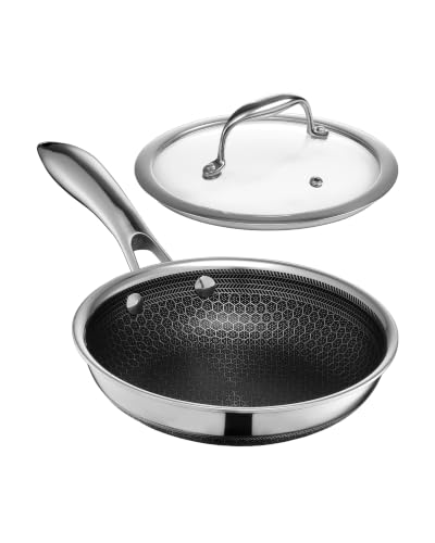 HexClad 7 Inch Hybrid Nonstick Frying Pan with Lid, Stay-Cool Handle, Dishwasher and Oven Safe, Induction